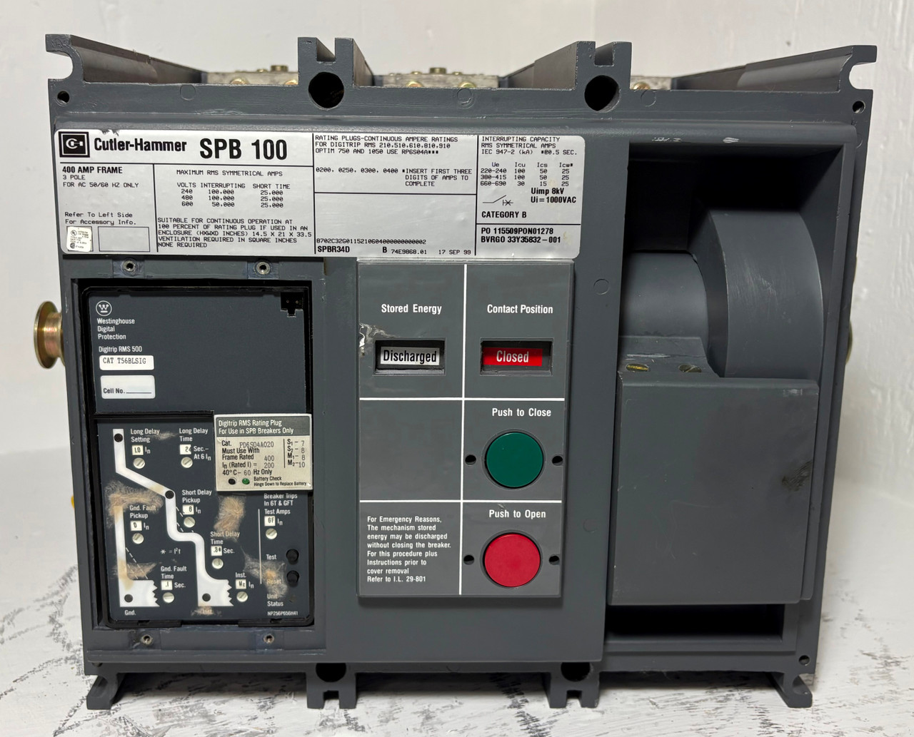 Cutler Hammer SPB 100 SPBR34D 400A LSIG Breaker Silver w 200 Amp Plug Aux Ground (EM5350-2)