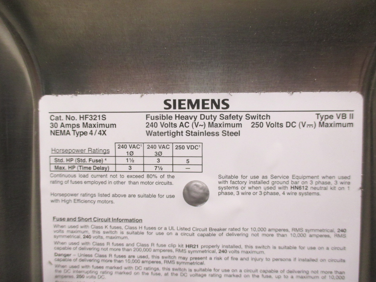 Siemens HF321S 30A 240V Type 4 Stainless Fusible Safety Switch Disconnect 30 Amp (AH0343-1)