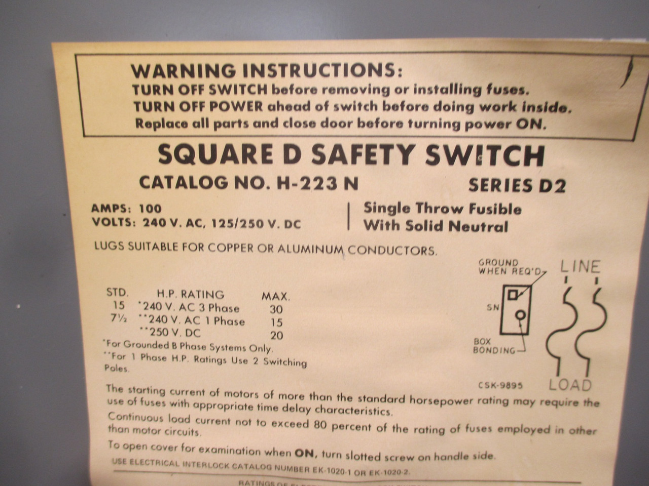 NEW Square D H-223 N Series D2 100 Amp 240V Fusible Safety Switch 2P New No Box (AH0341-3)
