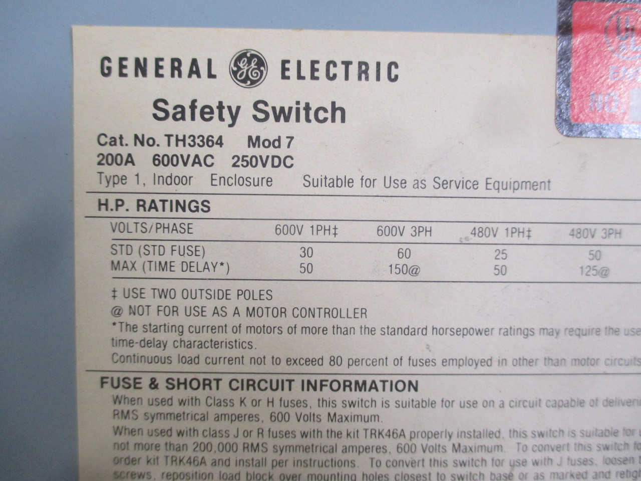 GE TH3364 200A 600V Model 7 Heavy Duty Fusible Safety Switch General Electric (AH0356-1)