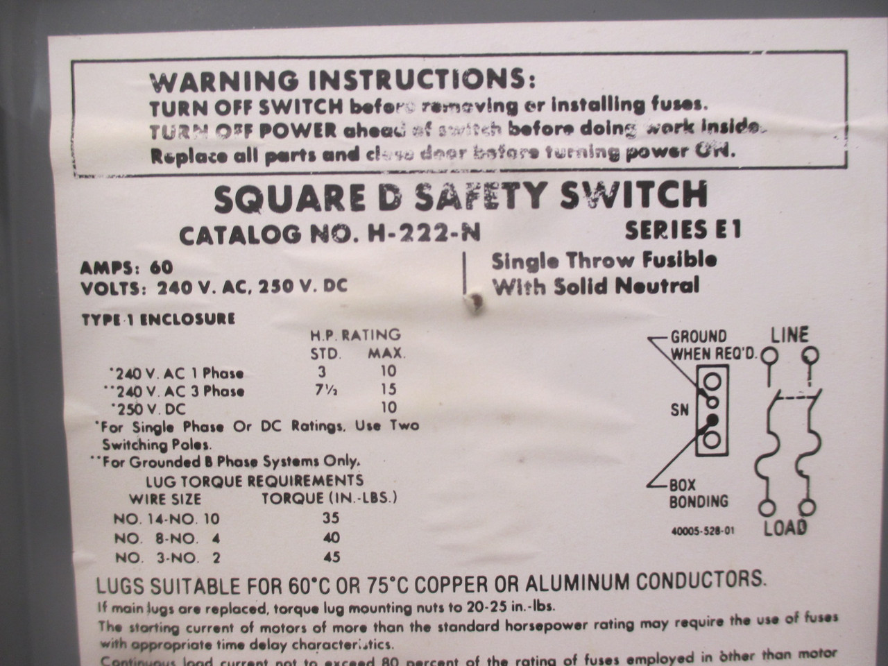Square D H-222-N 60 Amp 240V 2P Fusible Safety Disconnect Switch 30A Series E1 (AH0365-2)