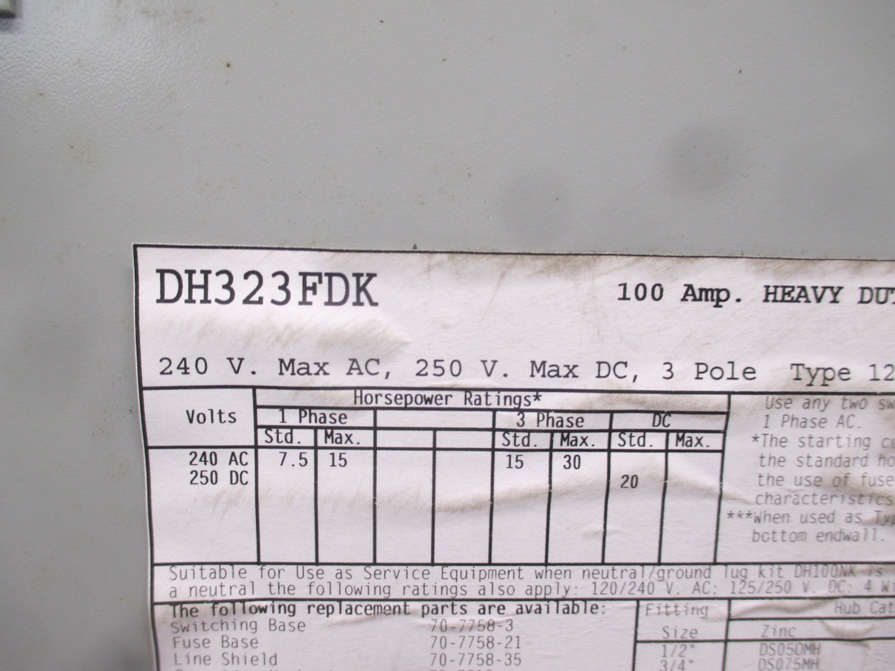 Eaton DH323FDK 100A 240V Fusible Safety Switch Disconnect 100 Amp 240 VAC 12 (AH0362-1)