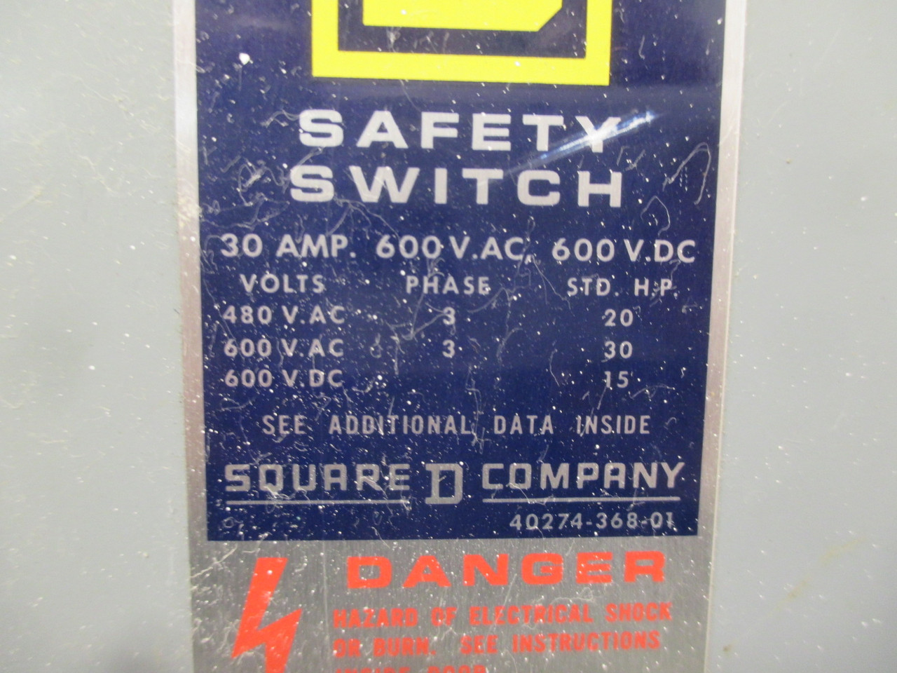 Square D HU361A Ser. E1 30 Amp 600V 12K Non-Fusible Safety Switch Disconnect 30A (AH0368-1)