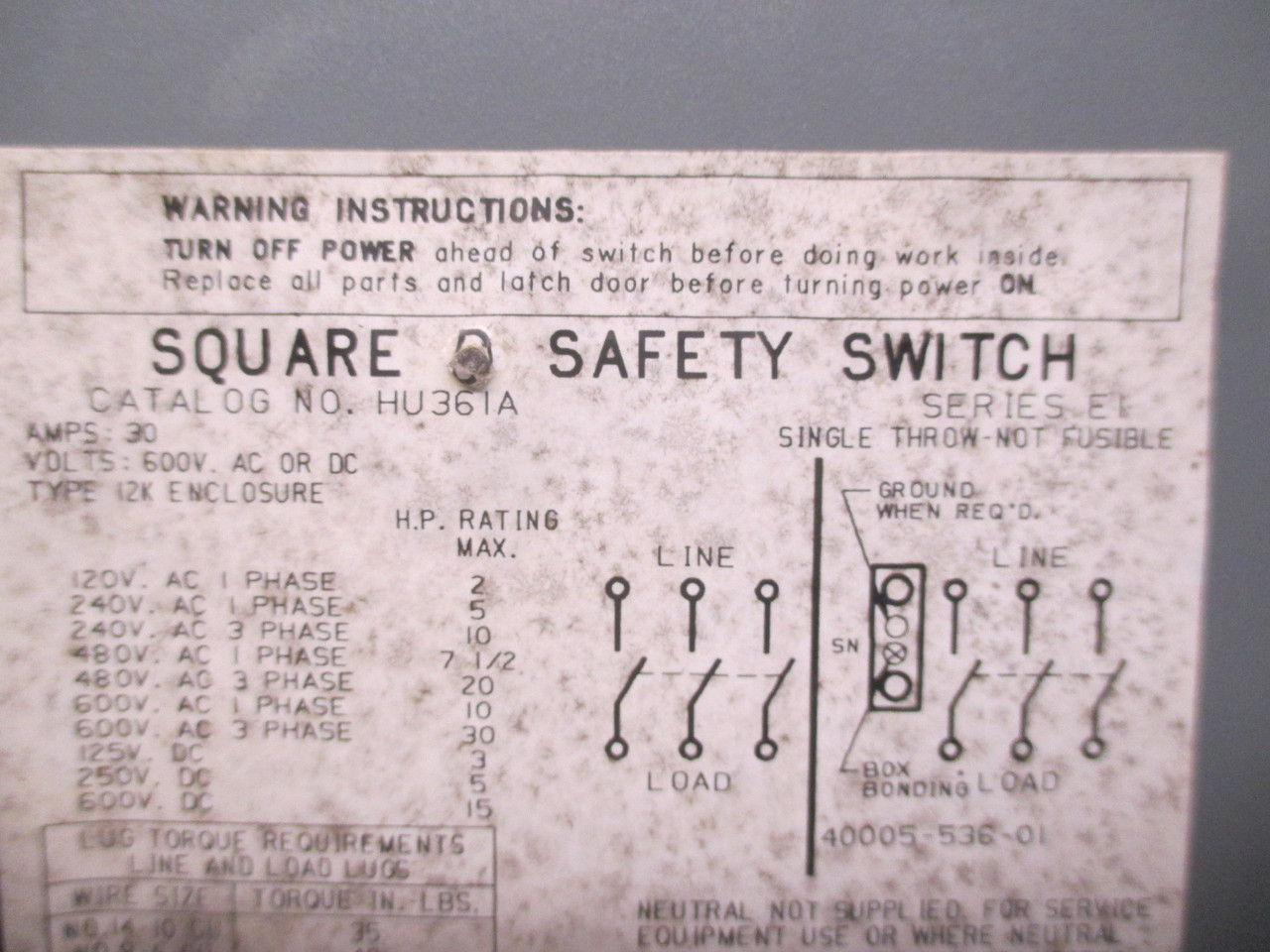 Square D HU361A Ser. E1 30 Amp 600V 12K Non-Fusible Safety Switch Disconnect 30A (AH0368-1)
