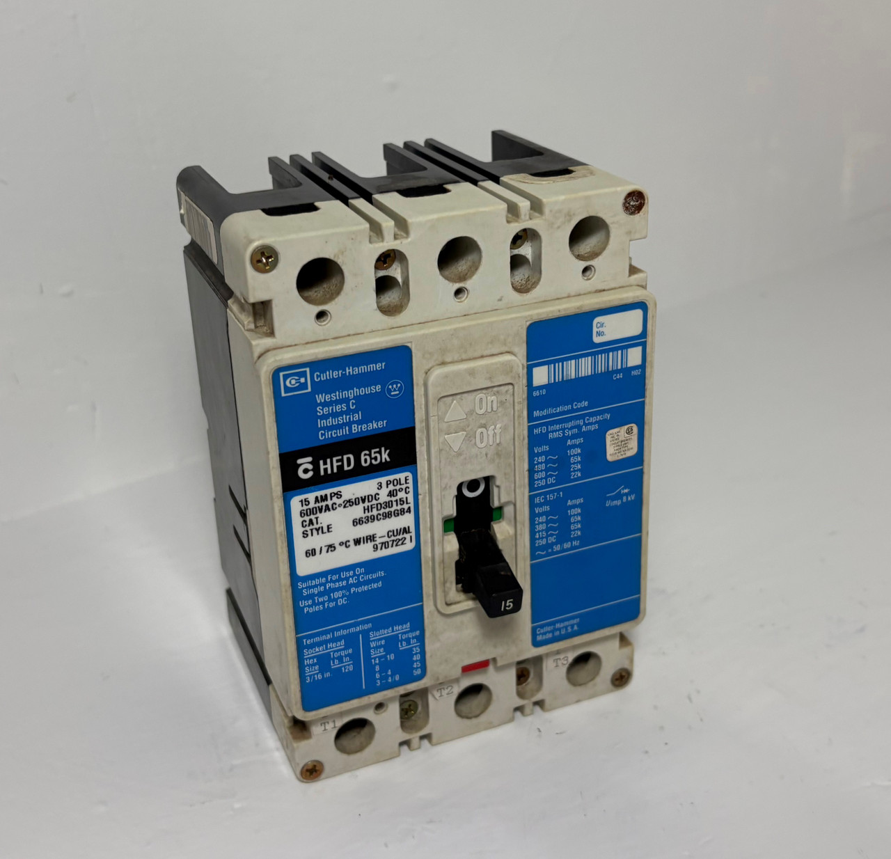 Cutler Hammer HFD3015L 15A Series C Circuit Breaker Glossy Blue HFD3015 15 Amp (EM5365-14)