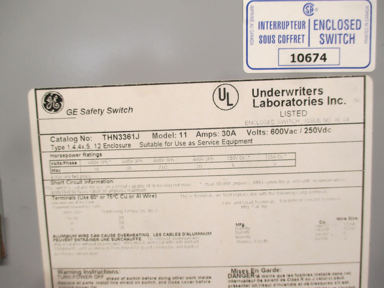 GE THN3361J 30A 600V Mod 11 Heavy Duty Non-Fused Safety Switch Disconnect 30 Amp (AH0372-1)