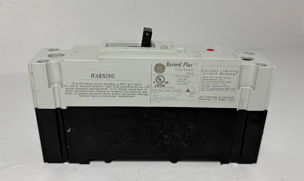 GE FBH16TE020R2 20A Record Plus 1P Circuit Breaker 277V 20 Amp General Electric (EM5372-6)
