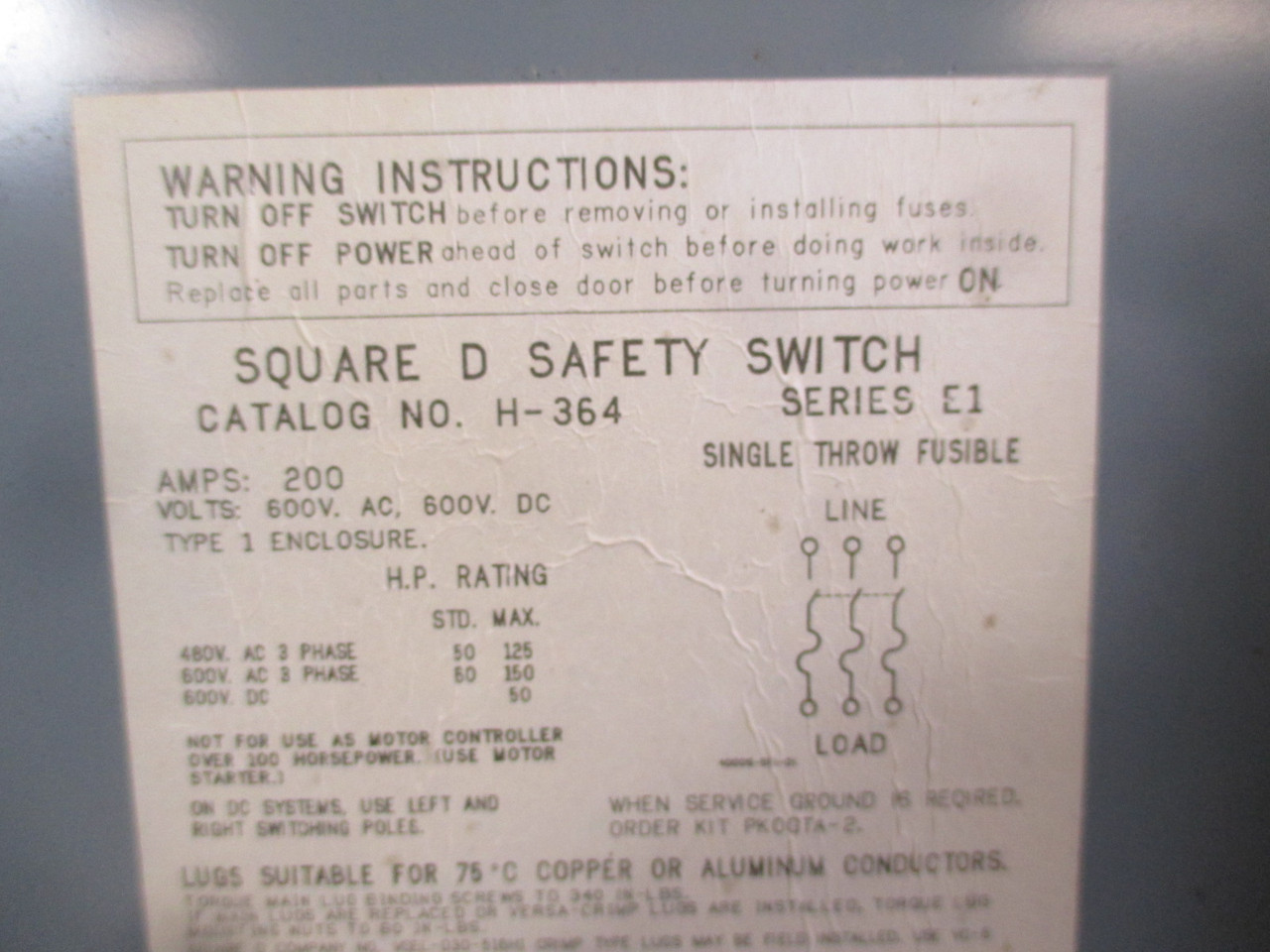 Square D H-364 200A 600V Fusible Safety Switch Disconnect H364 200 Amp E1 (AH0379-1)