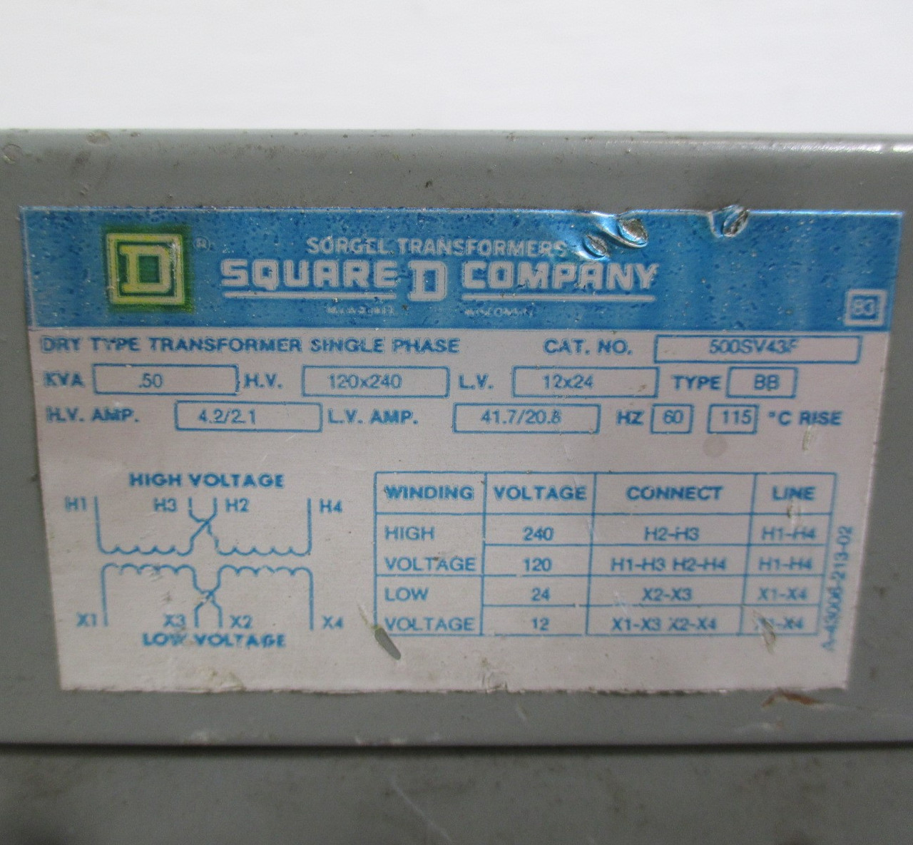 Square D 500SV43F Dry Type Transformer .50 KVA 1PH 120x240 12x24 Type BB 4.2/2.1 (AH0390-1)