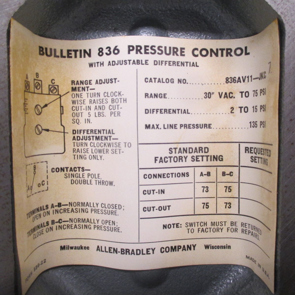 NEW Allen Bradley 836AV11-JKC7 Pressure Switch NEMA Type 7-9 836 New No Box (AH0391-2)