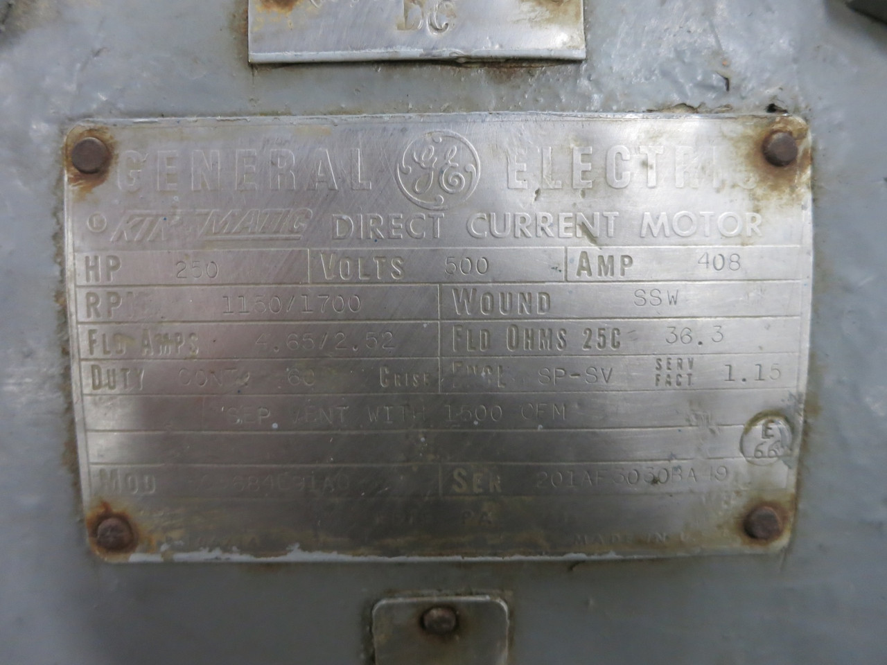 GE 250 HP DC Motor 500V 1150/1700 RPM SPSV 408A 500 VDC Kinamatic SP-SV 250HP (DW6882-1)