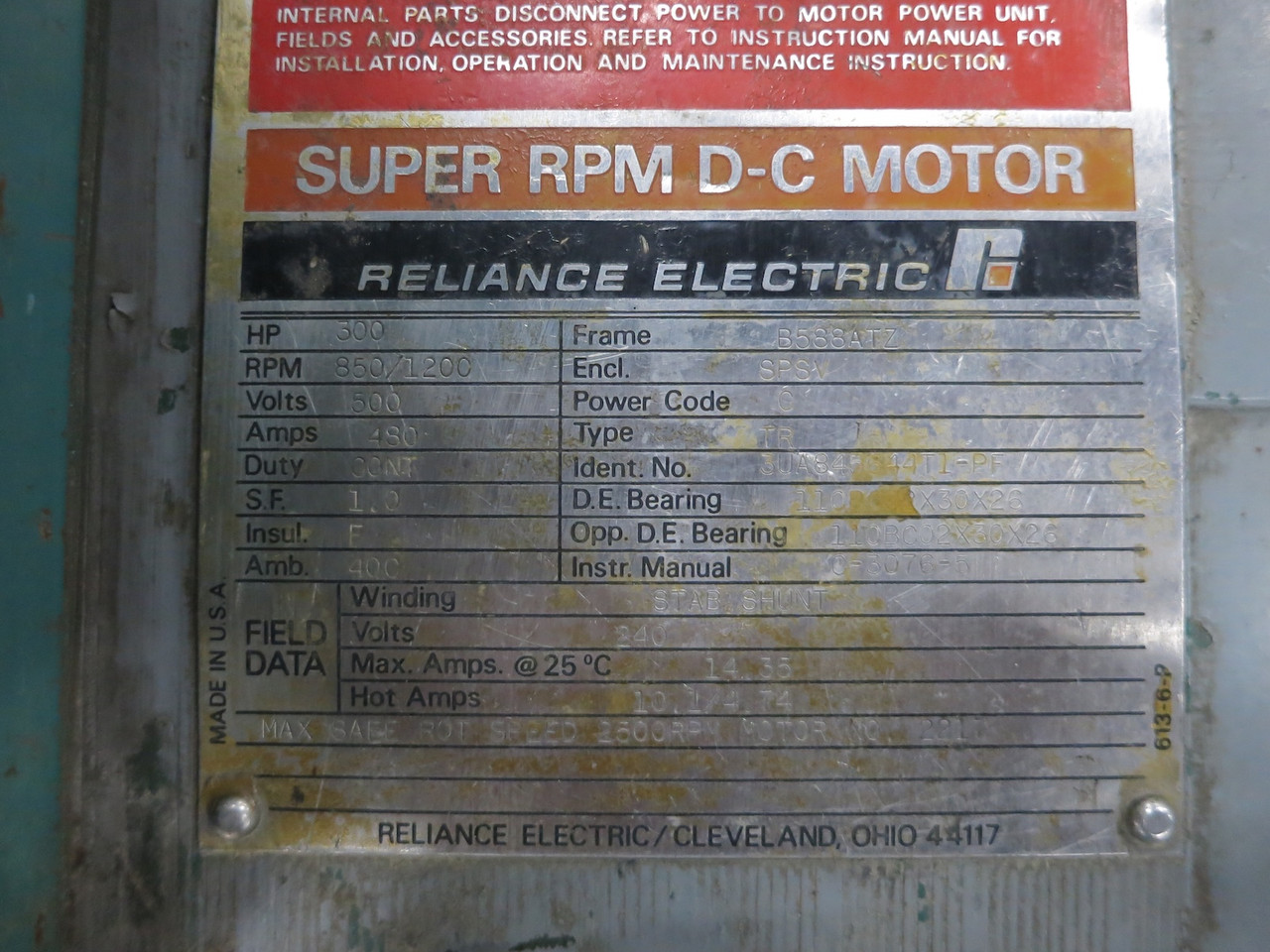 Reliance 300 HP DC Motor B588ATZ 500V 850/1200 RPM Type TR 480A 500 VDC SPSV (DW6883-1)