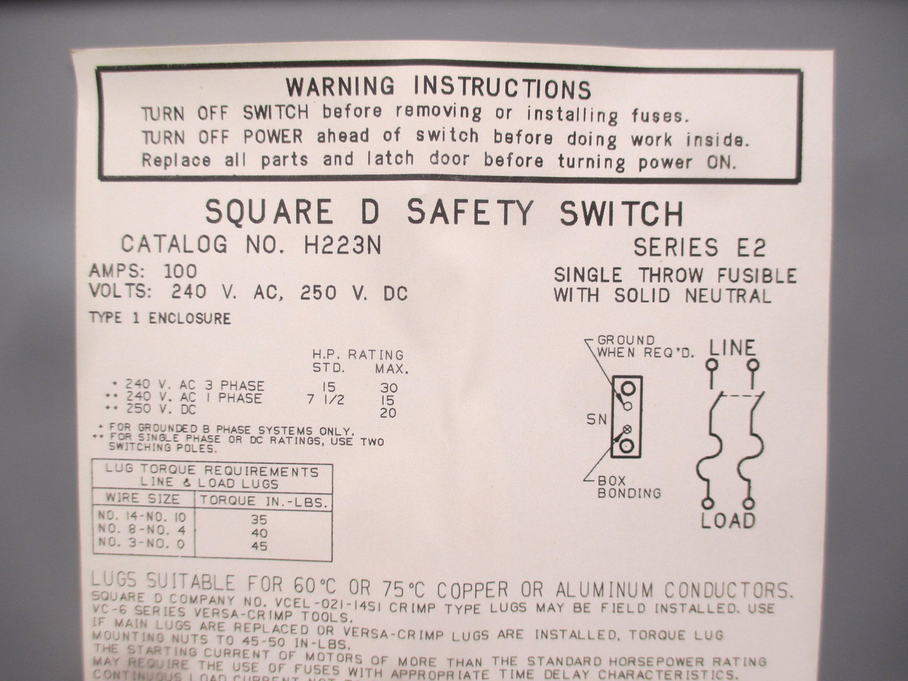 NEW Square D H223N Ser E2 100A Fusible Safety Switch Disconnect 240V New No Box (AH0412-1)