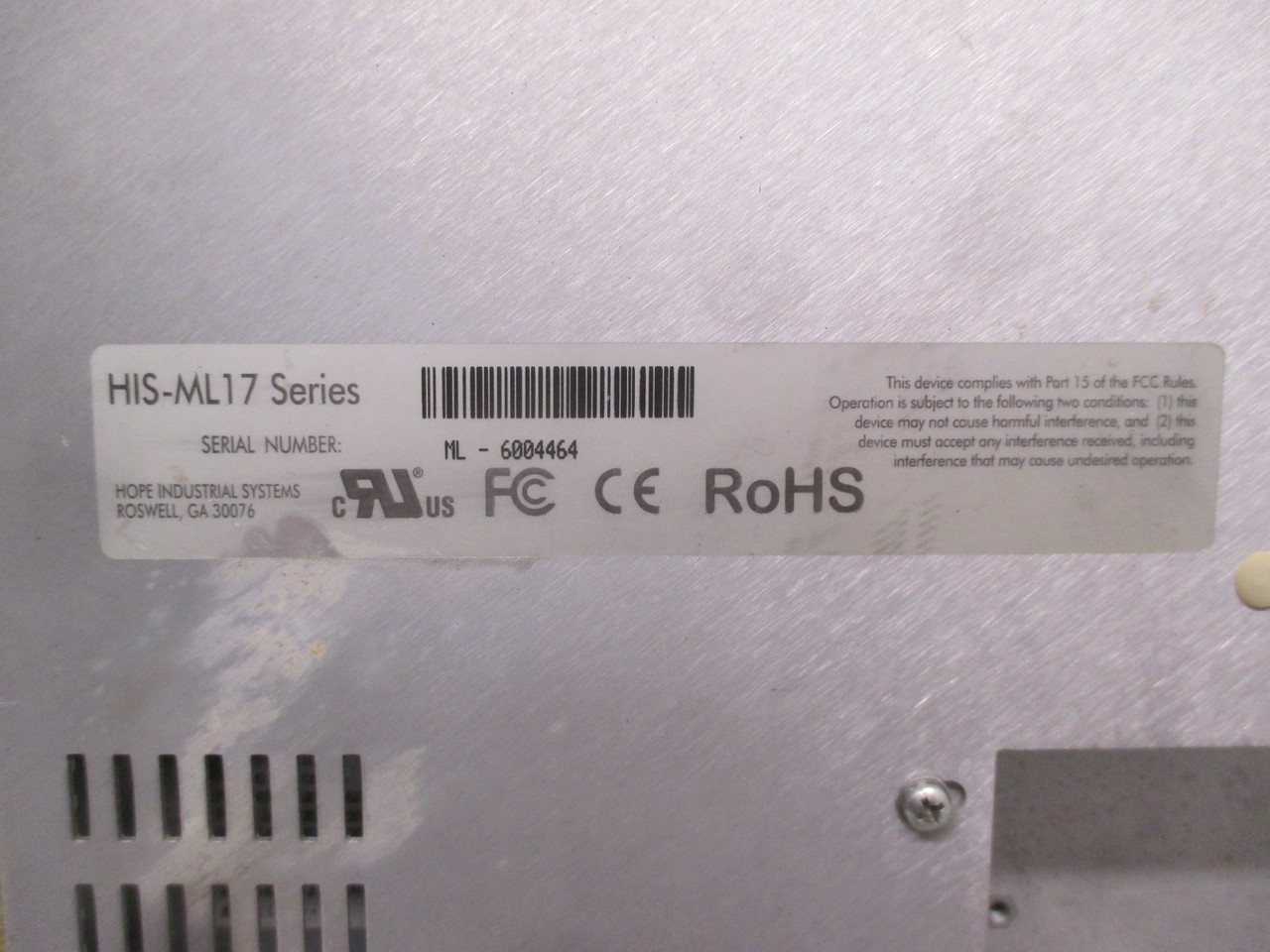 Hope Industrial Systems HIS-ML17 Series 17" PanelView Touch Industrial Monitor (AH0428-1)