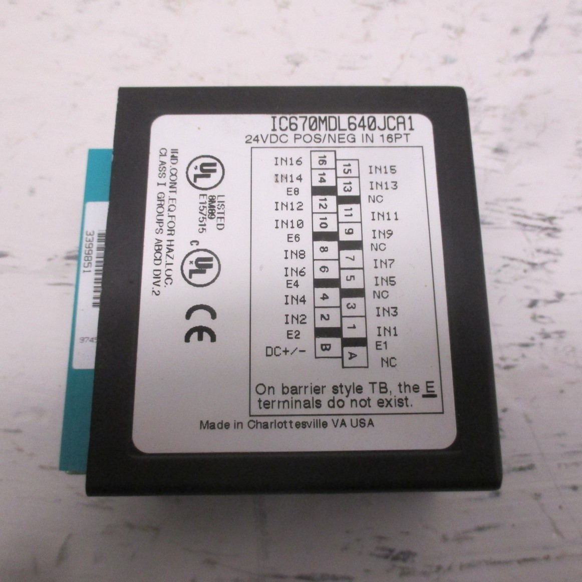 GE Fanuc IC670MDL640JCA1 24VDC Pos/Neg In 16PT 8.0mA MAX/PT General Electric (AH0469-3)