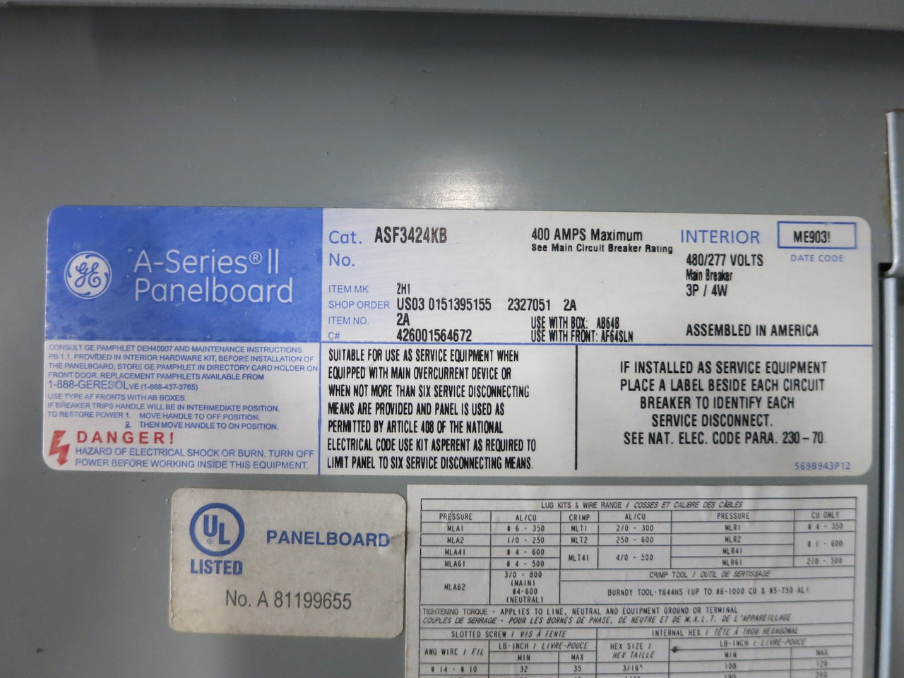 GE 400A A-Series II Main Breaker Panel Board 480/277V 3PH 4W 400 Amp ASF3424KB (DW6952-1)