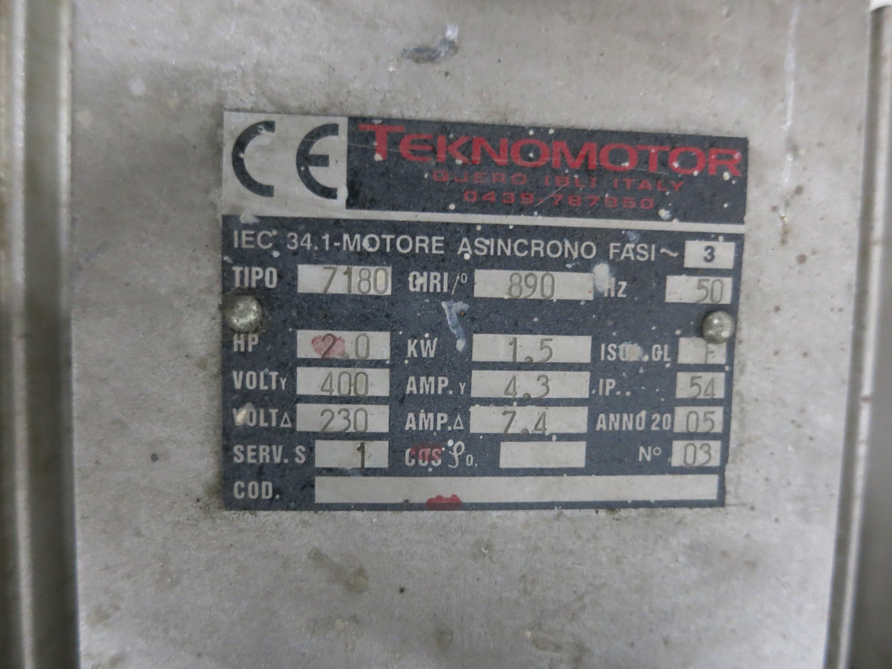 Teknomotor 7180 2 HP AC Electrospindle Motor 230/400V 3PH 1.5kW 890 RPM Spindle (DW6976-1)