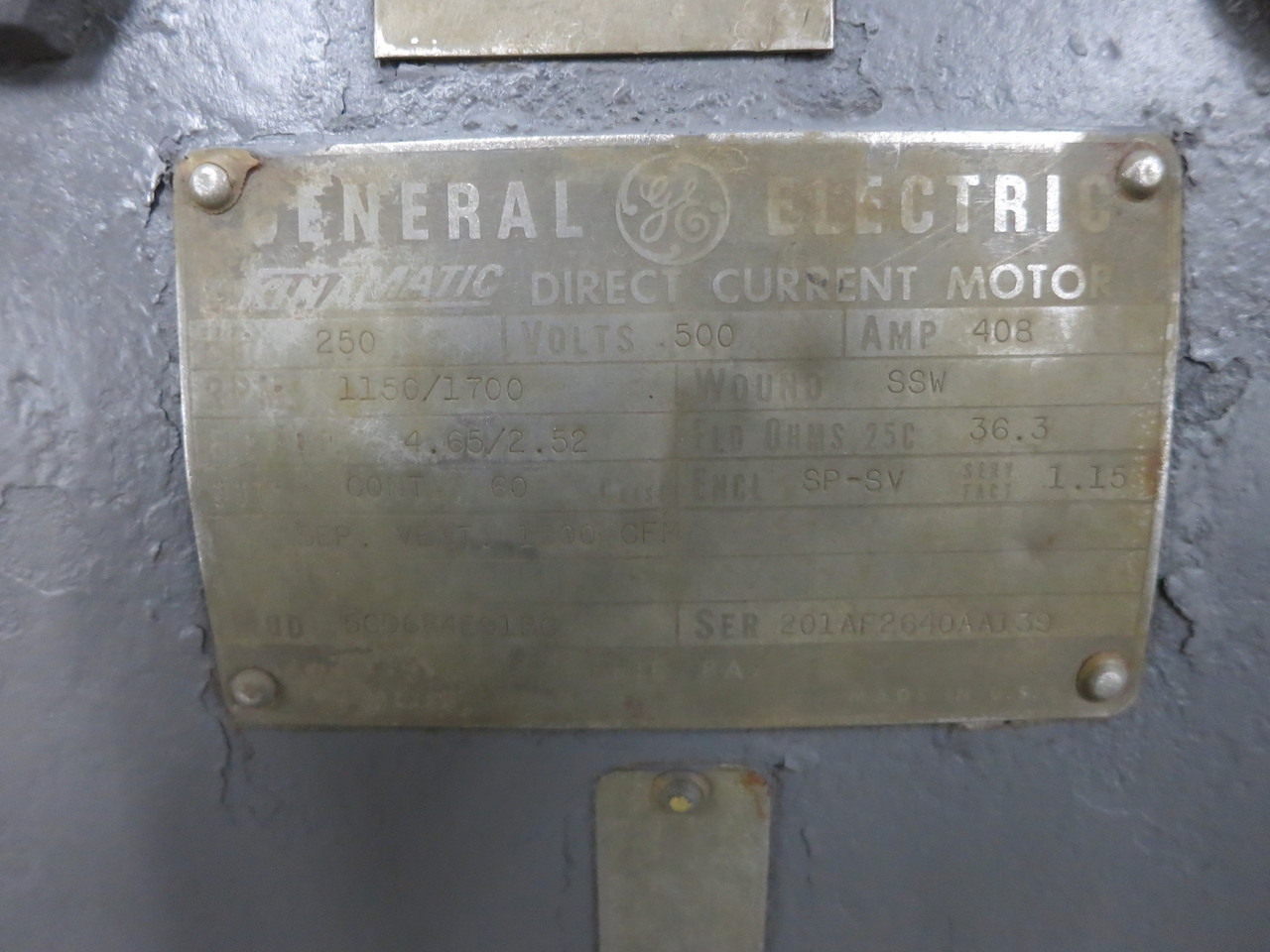 GE 250 HP DC Motor 500V 1150/1700 RPM 408A SPSV 500 VDC Kinamatic SP-SV 250HP (DW6999-1)