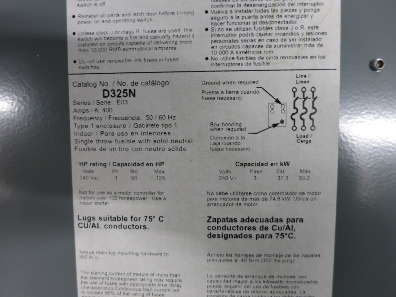 Square D D325N 400A 240V Fusible Safety Switch Disconnect 400 Amp D325-N E03 (DW6887-1)