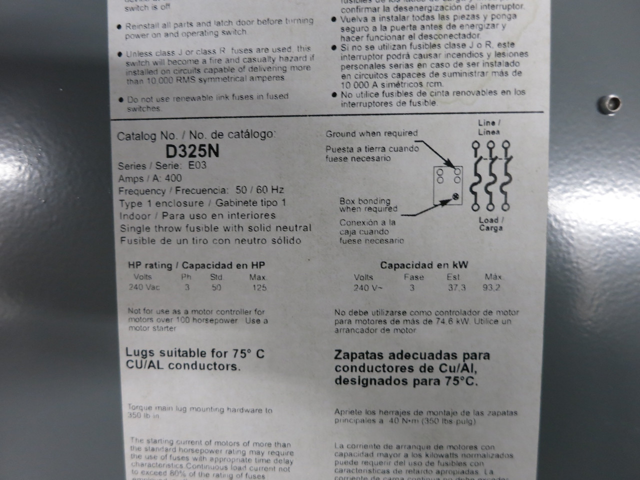 Square D D325N 400A 240V Fusible Safety Switch Disconnect 400 Amp D325-N E03 (DW6887-1)