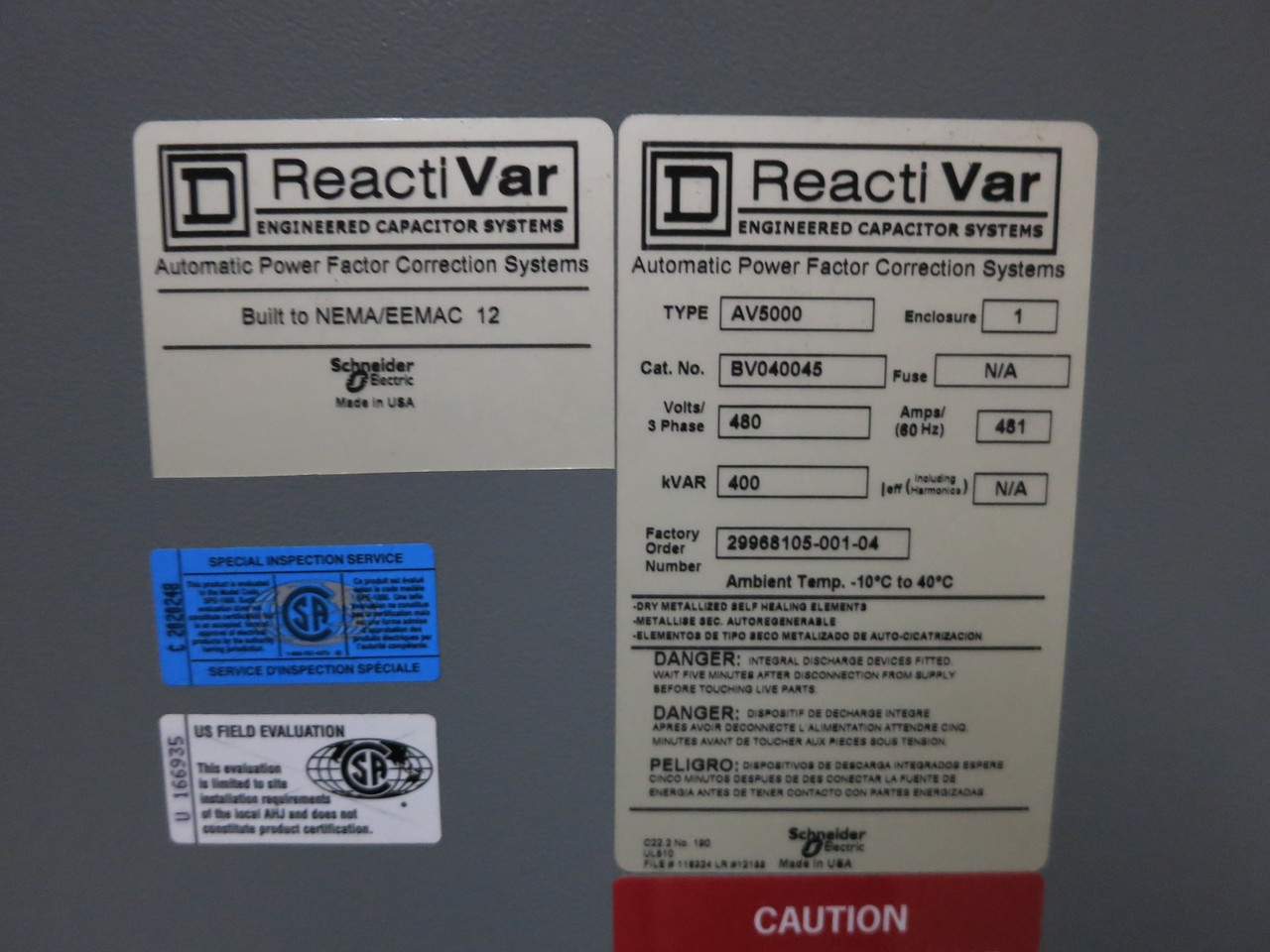 Square D ReactiVar AV5000 BV040045 400kVAR 480V 481A RKF36100U31A HLL36070 NR12 (DW7014-3)
