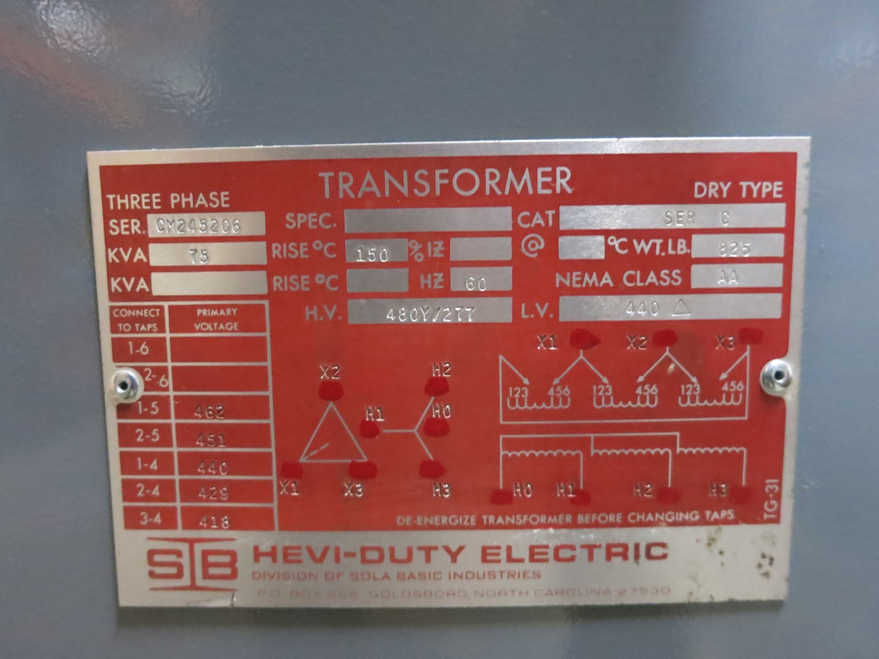 Hevi Duty 75 kVA 440 Delta to 480Y/277 V 3PH Dry Type Transformer 440V - 480V (DW7017-1)