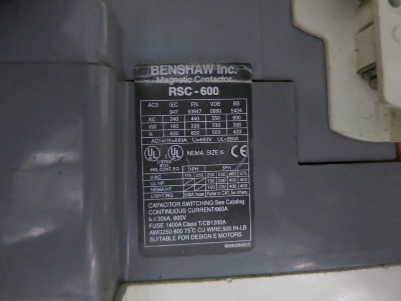 Benshaw RSC-600 Size 6 Magnetic Contactor 660 Amp 3PH 400 HP 120V Coil 660A Sz6 (DW7025-1)