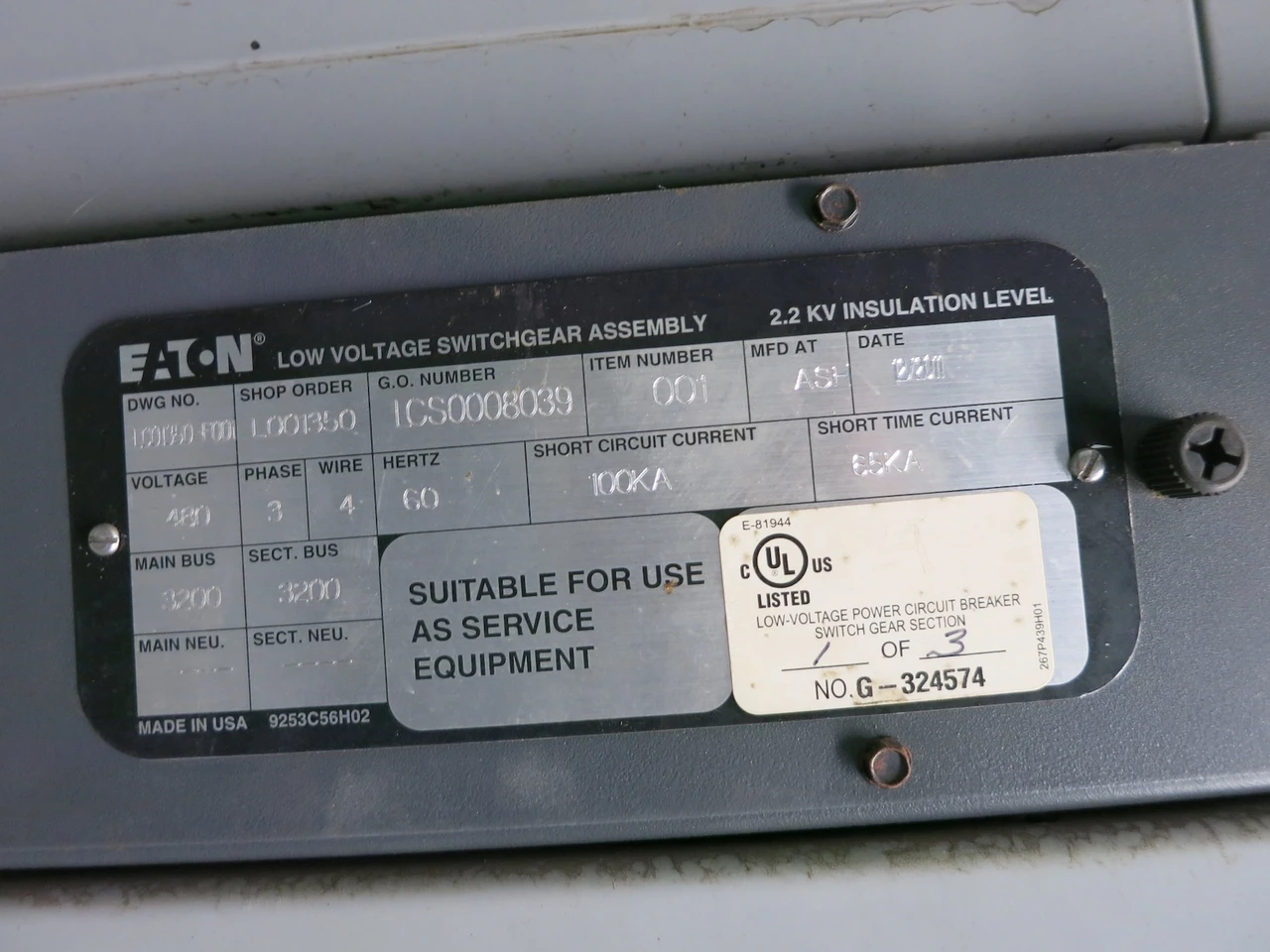 Eaton 3000A 480V Magnum DS Metal Enclosed LV Switchgear 3000 Amp Walk-In 3R (DW7030-1)