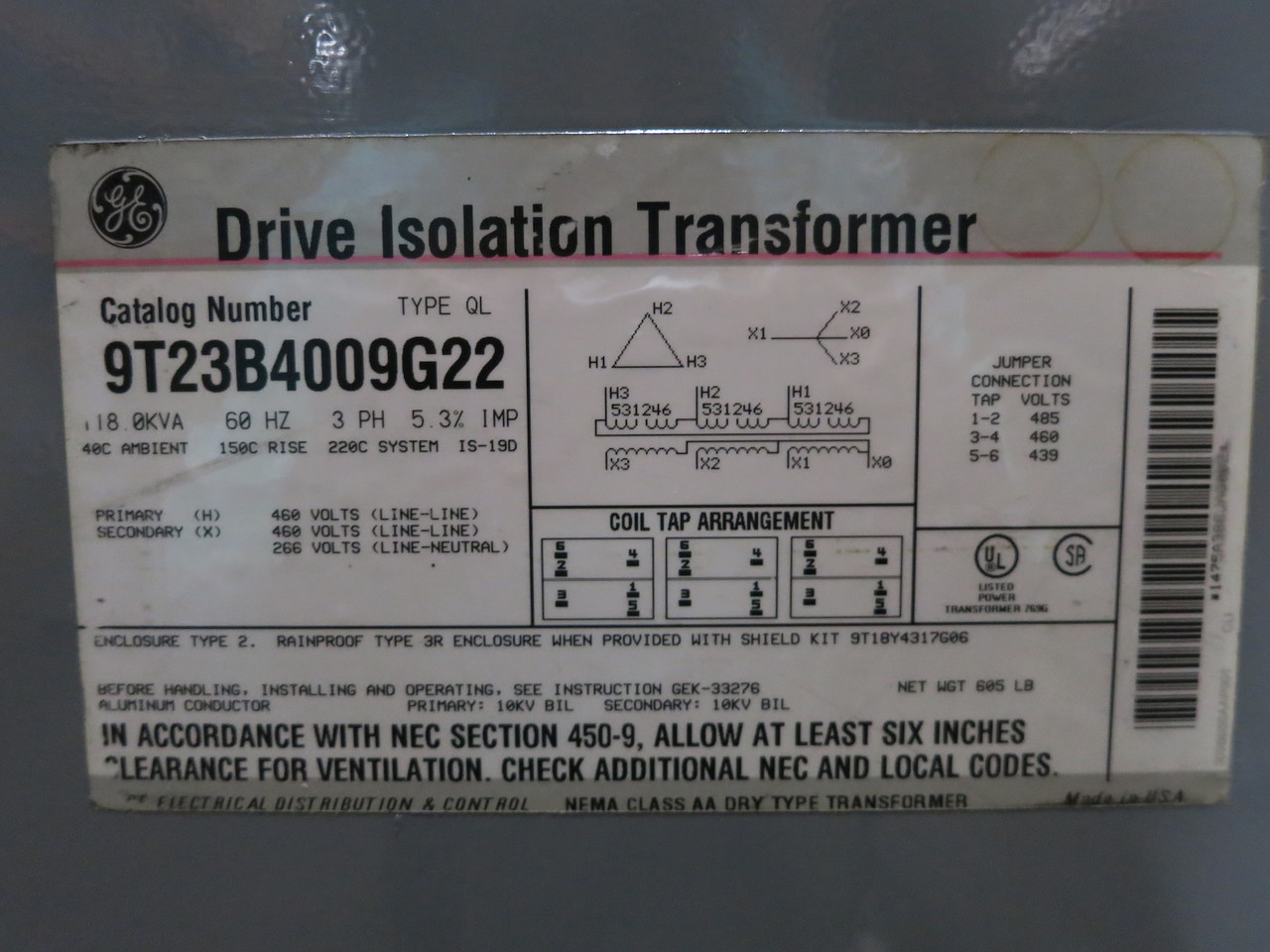 GE 118 kVA 460 Delta to 460Y/266 V 3PH Isolation Transformer 9T23B4009G22 460V (DW7036-2)
