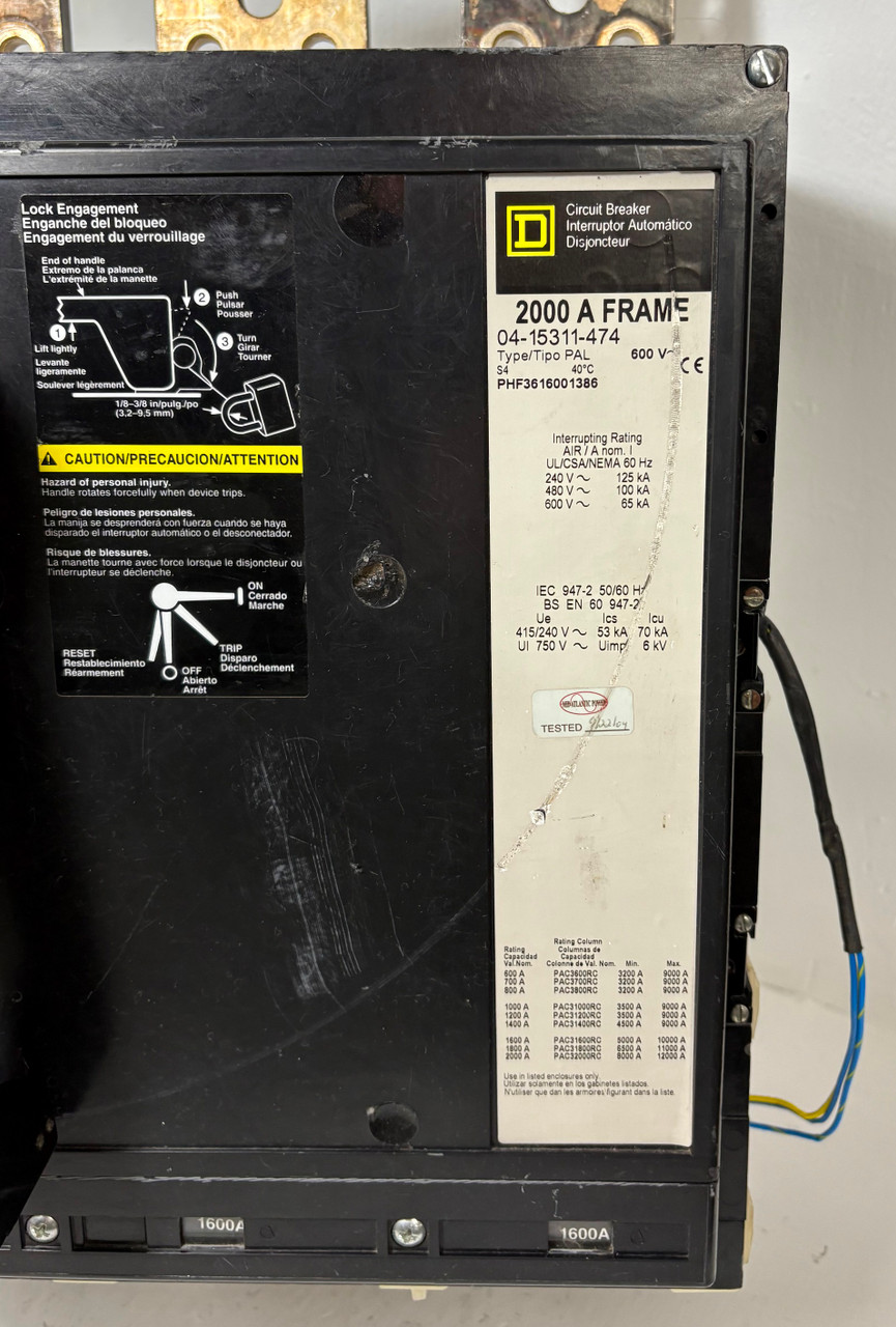 Square D PHF3616001386 2000A Breaker w/ 1600 Amp Trip, Shunt, Aux PAL PHF361600 (EM5428-1)