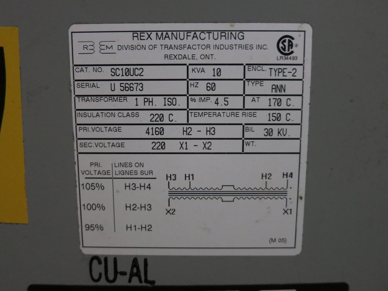 REX 10 kVA 4160 to 220 V 1PH Dry Type Transformer 4160V - 220V Single Phase ANN (DW7065-1)
