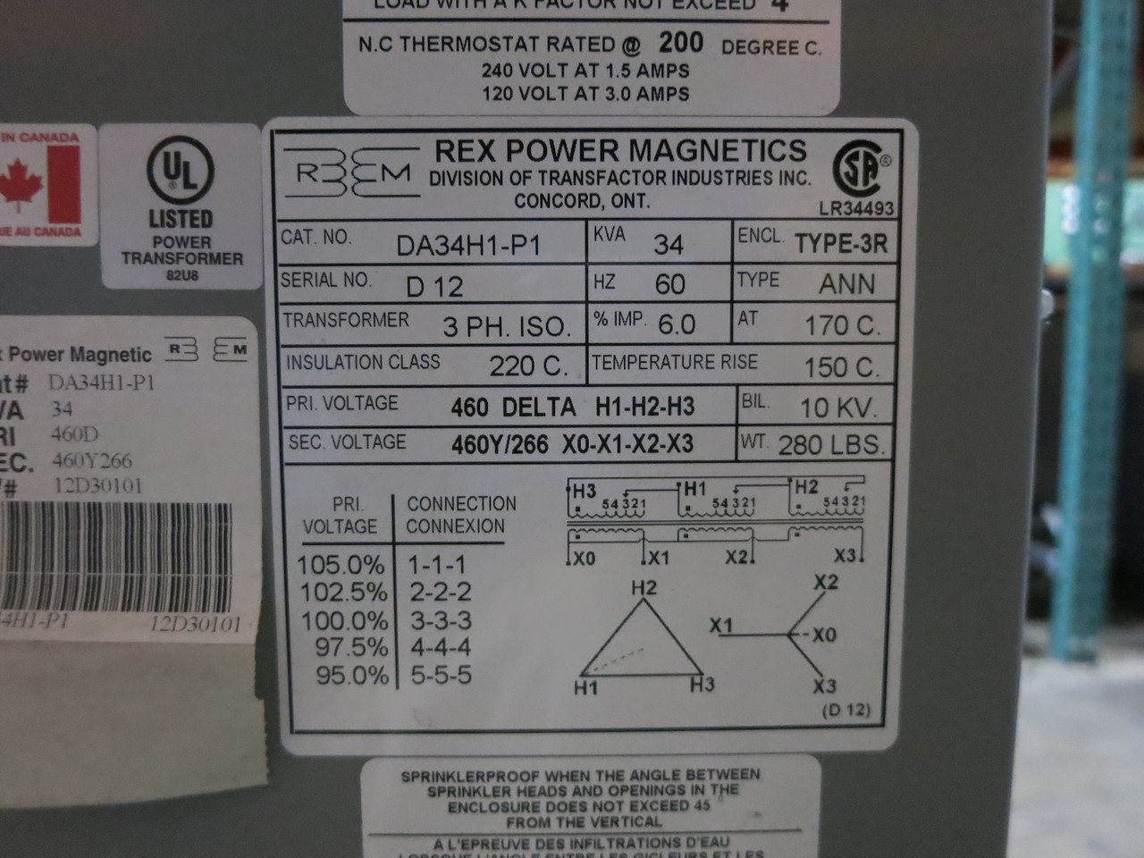 NEW REX 34 kVA 460 Delta to 460Y/266 V 3PH Isolation Transformer DA34H1-P1 460V (DW7064-1)