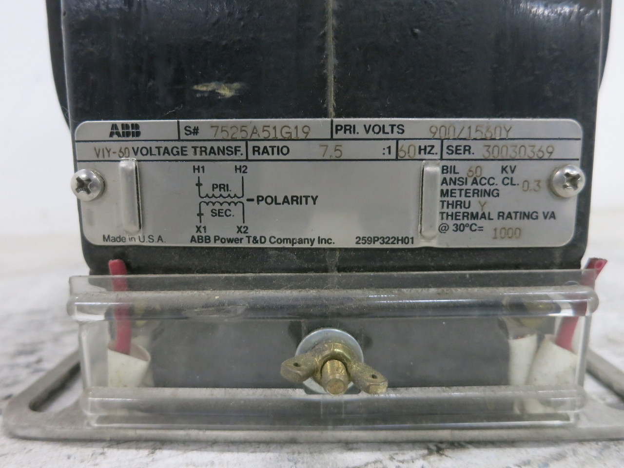 ABB 7525A51G19 VIY-60 Voltage Transformer Ratio 7.5:1 900/1560Y 900-120 (DW7081-3)