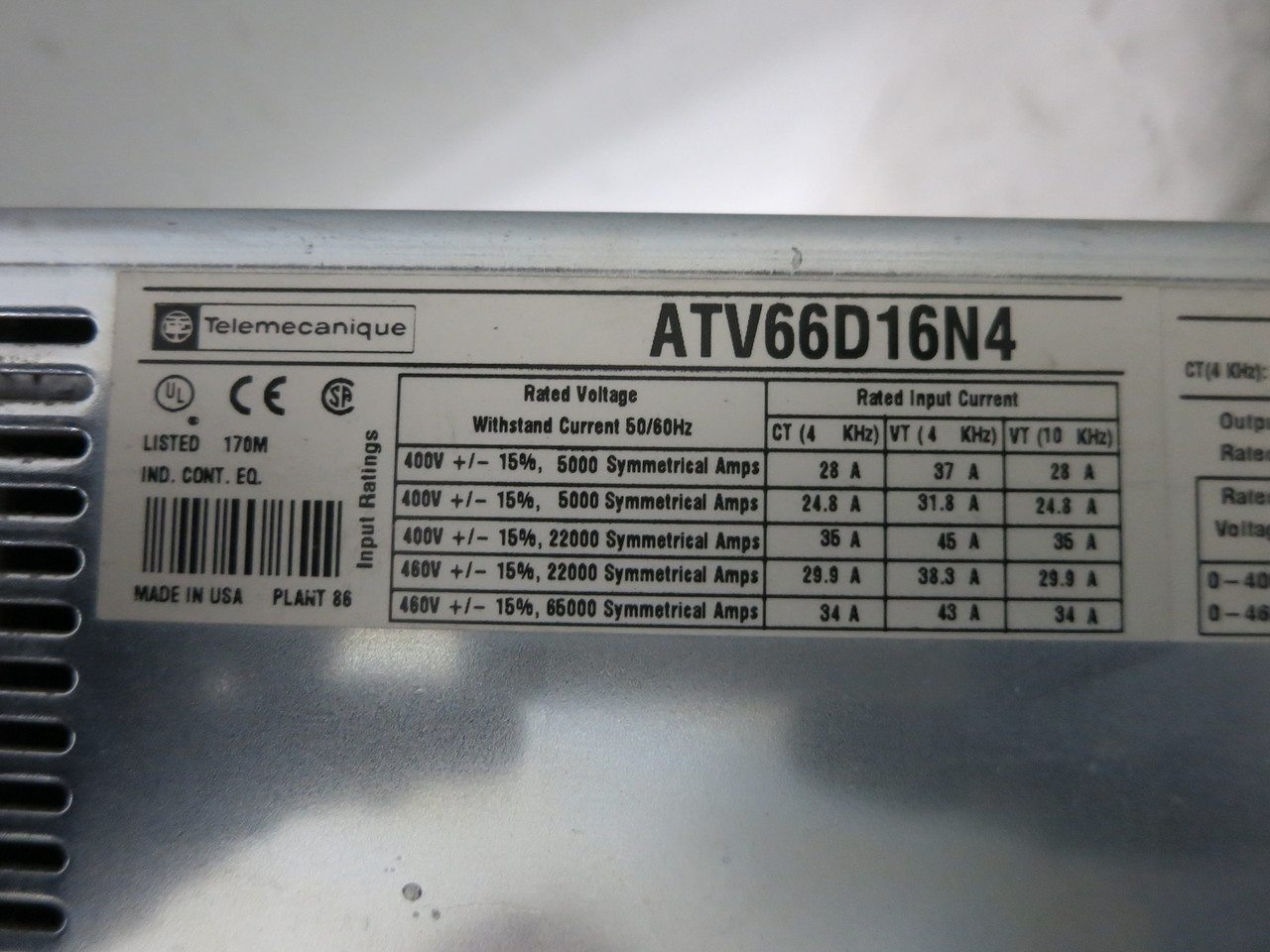 Telemecanique ATV66D16N4 Altivar 66 AC VS Drive 20HP 15kW 460V ATV66-D116N4 (DW7075-1)