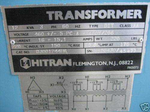 Hitran D3001244H6 12 kva 460 Delta to 460Y/266 3PH Isolation Transformer 12kVA V (EBI2390-3)