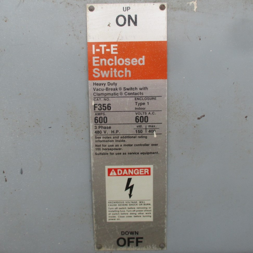 ITE F356 600A 600V Heavy Duty Fusible Safety Vacu-Break Switch 3PH 600 Amp I-T-E (AH0560-2)