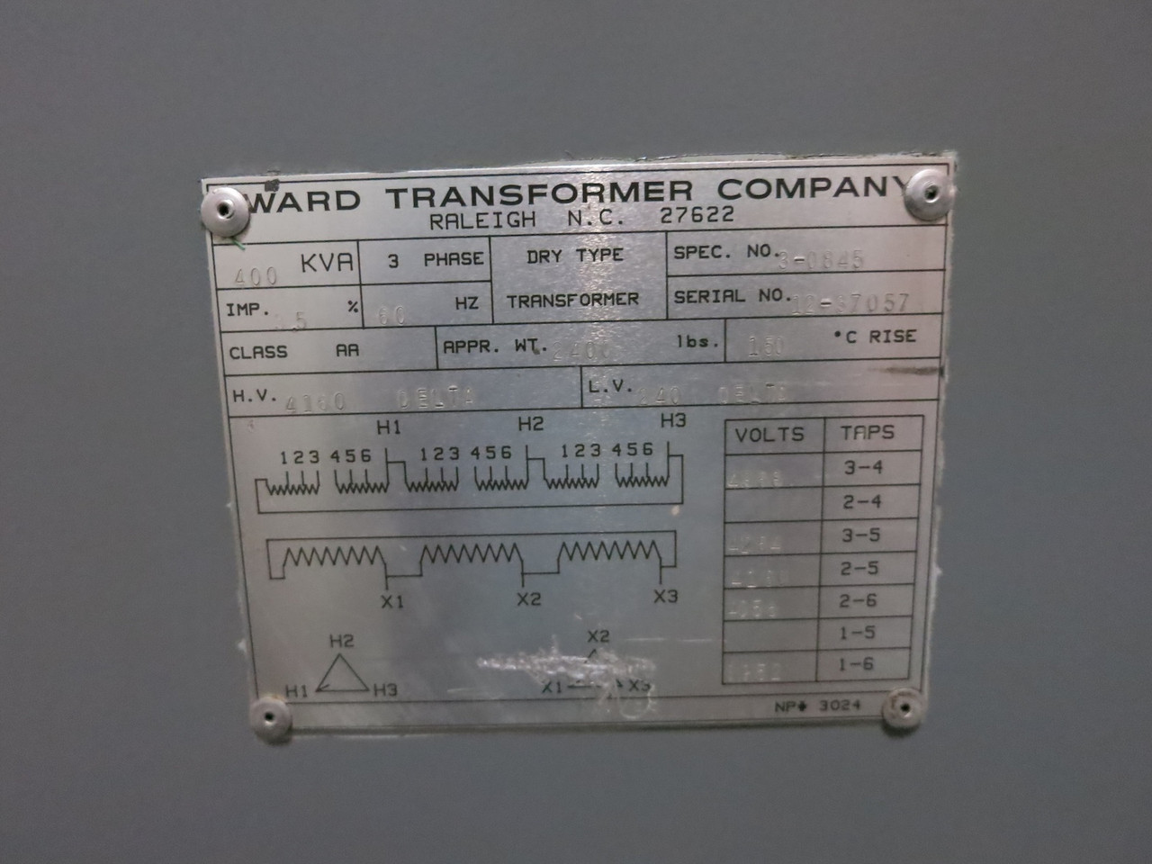 Ward 400 kVA 4160 Delta to 240 Delta V 3PH Dry Type Transformer 4160V - 240V (DW7102-1)