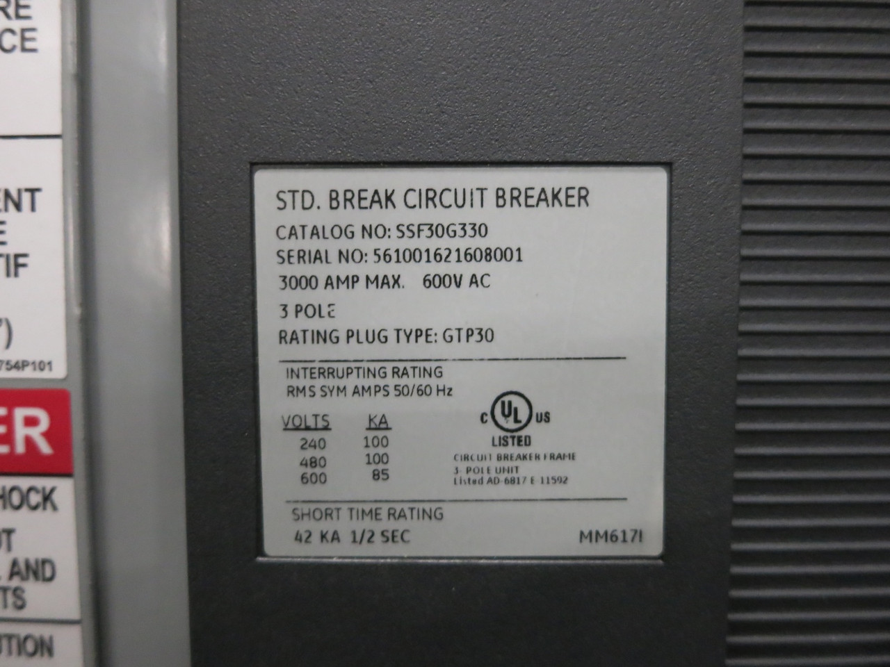 GE 3000A 480V Switchgear SSF30G330 Power Break II Breaker 3PH 4W EntelliGuard 3R (DW7095-1)
