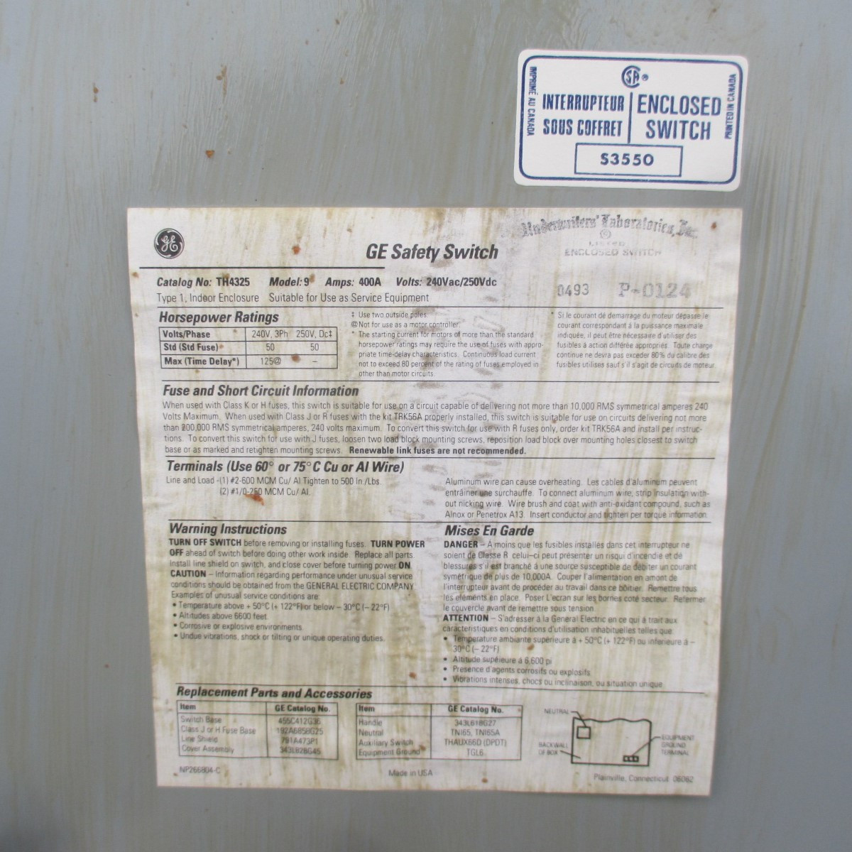 General Electric GE TH4325 400A Model 9 240V Heavy Duty Fusible Safety Switch 4W (AH0561-1)