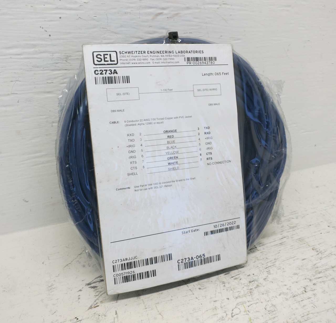 NEW Schweitzer Engineering C273A-065 Data Cable 65ft DB9-DB9 Male SEL 65' 22AWG (DW7120-2)