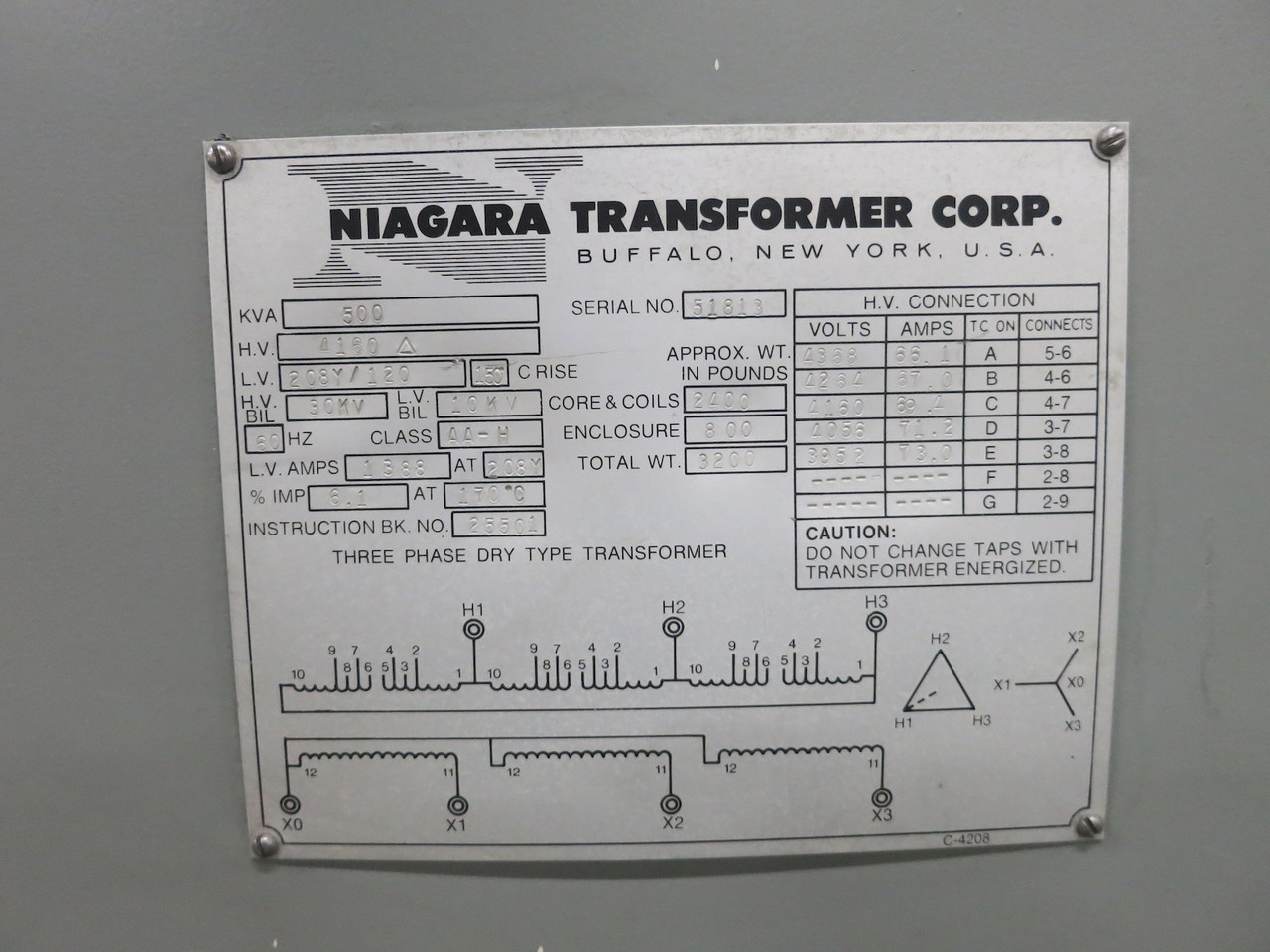Niagara 500 kVA 4160 Delta to 208Y/120 V 3PH Dry Type Transformer 4160V 208 (DW7126-1)