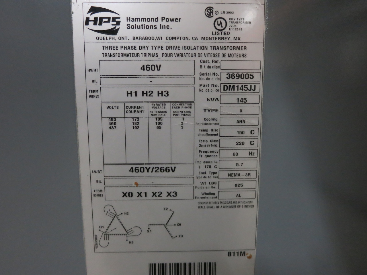 Hammond 145 kVA 460 Delta - 460Y/266 V 3PH Isolation Transformer DM145JJ 460V 3R (DW7125-1)