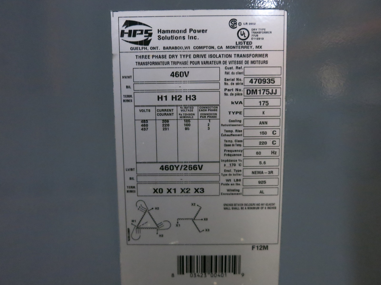 Hammond 175 kVA 460 Delta - 460Y/266 V 3PH Isolation Transformer DM175JJ 460V 3R (DW7124-1)