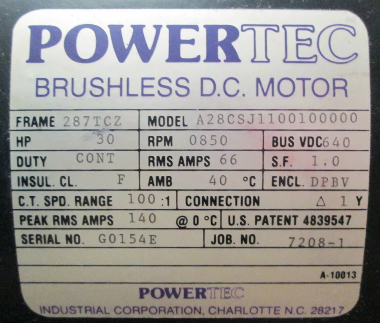 Powertec 30 HP DC Motor 287TCZ 640V 850 RPM DPBV Encl Brushless 640VDC 66A (PC0003-1)