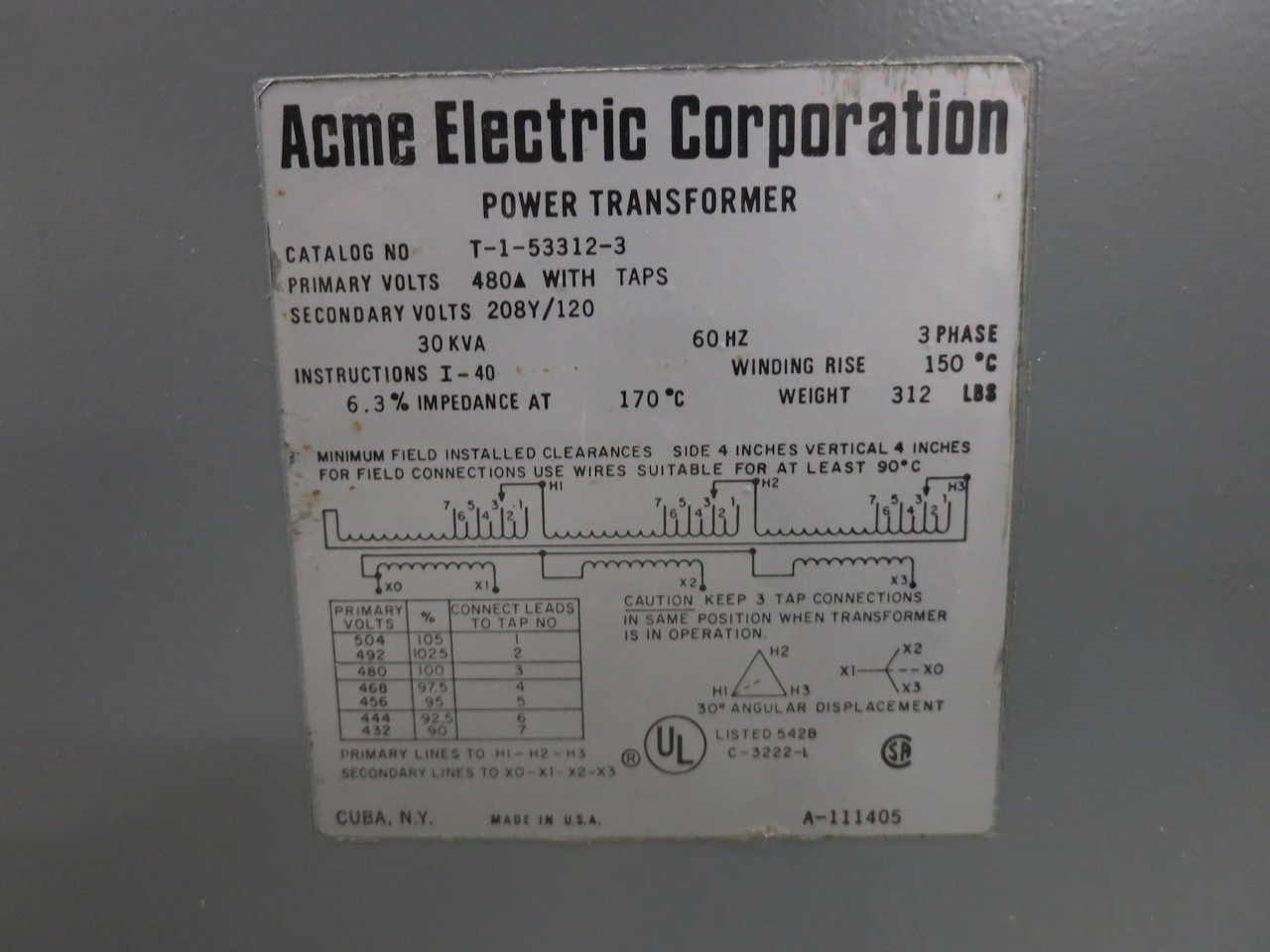 ACME 30 kVA 480 Delta - 208Y/120 V 3PH Dry Type Transformer T-1-53312-3 480V 208 (DW7155-1)