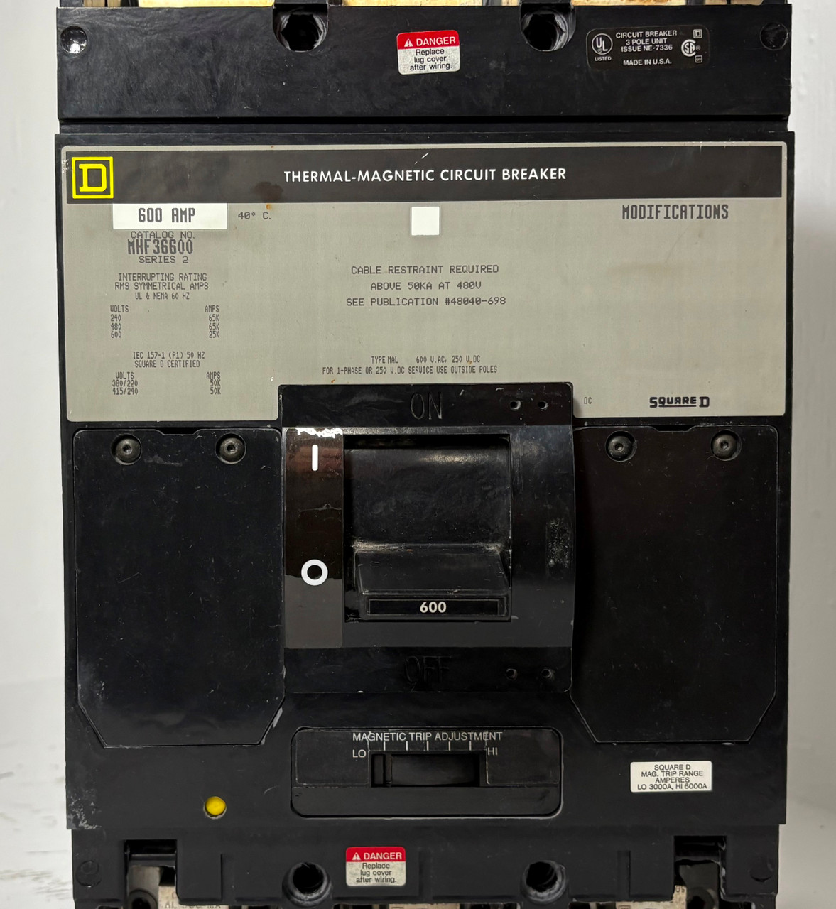 Square D MHF36600 600A Circuit Breaker Type MAL 480/600V 3 Pole 600 Amp (EM5463-1)