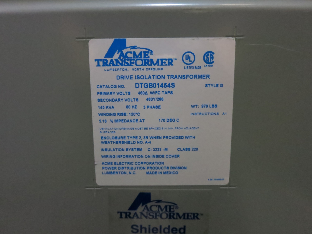 ACME 145 kVA 460 Delta - 460Y/266 V 3PH Isolation Transformer DTGB01454S 460V (DW7157-2)