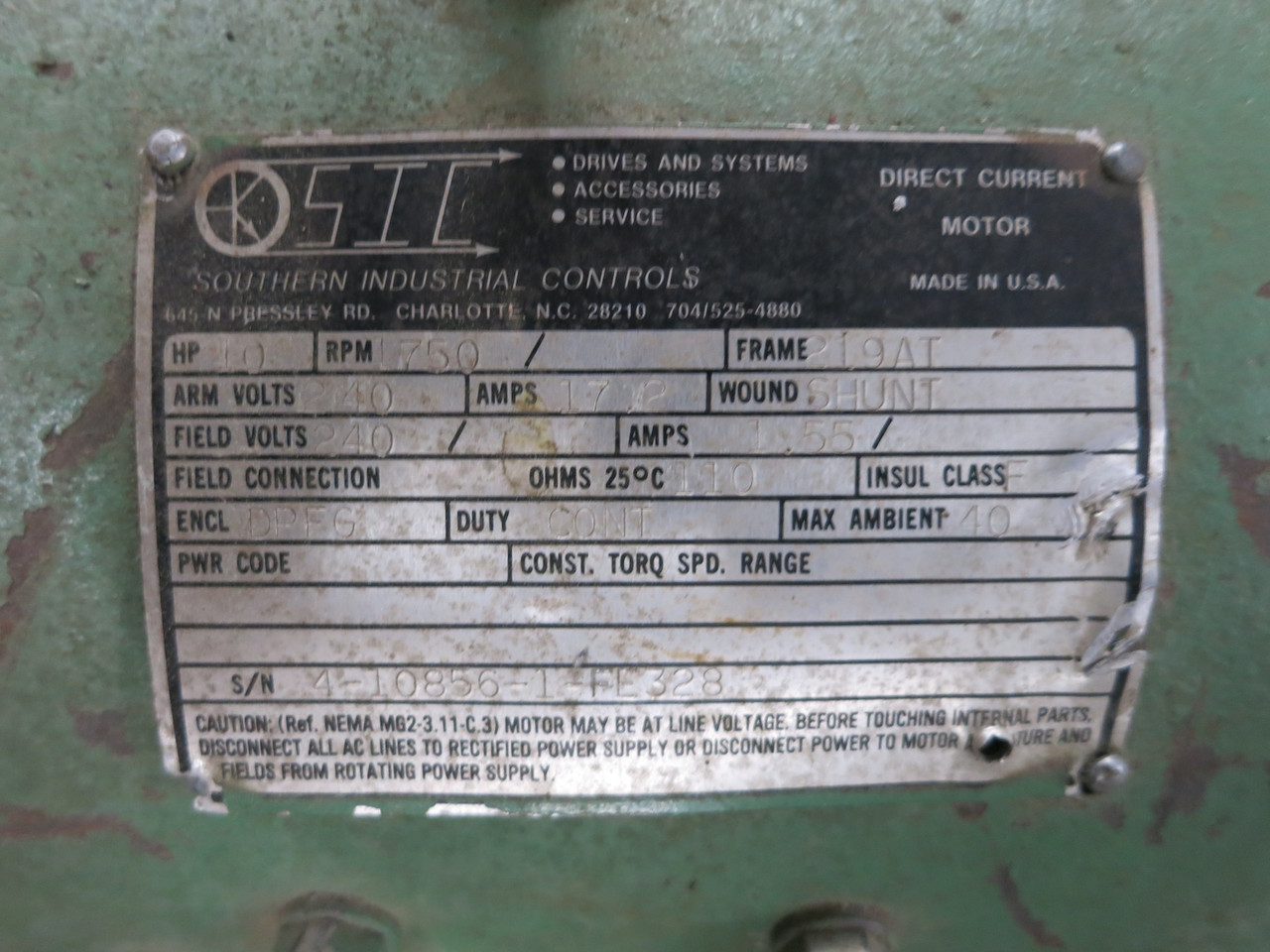 SIC 10 HP DC Motor 240V 1750 RPM Frame 219AT Encl DPFG 17.2A 17.2 Amp 10HP (DW7189-1)