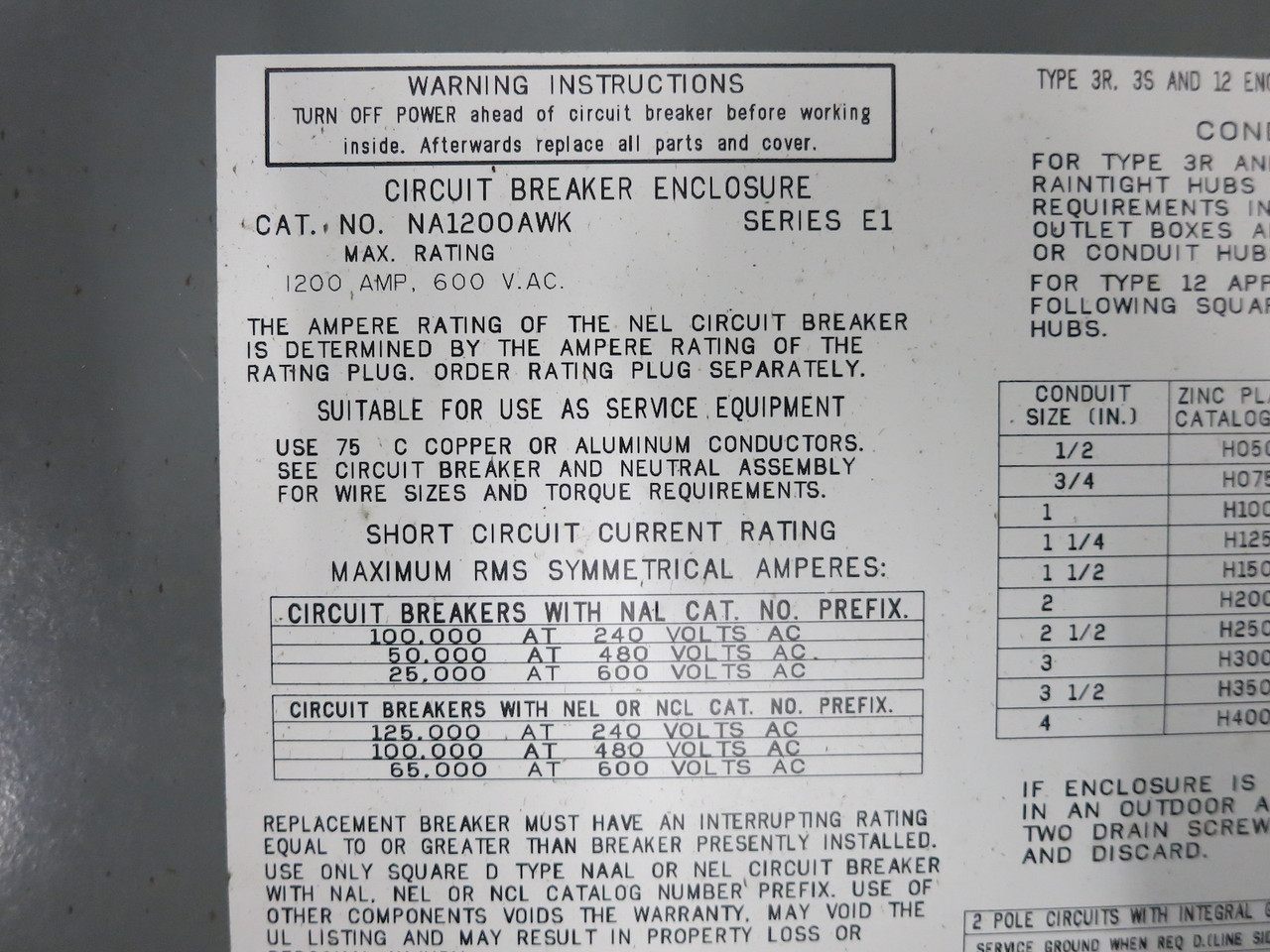 Square D NA1200AWK 1200A Circuit Breaker Enclosure 600V 1200 Amp NA1200 3R 3S 12 (DW7191-1)