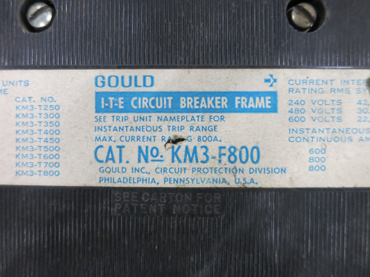 ITE KM-12 600A Circuit Breaker Enclosure w/ KM3-F800 600 Amp Type 12 Gould (DW7202-1)